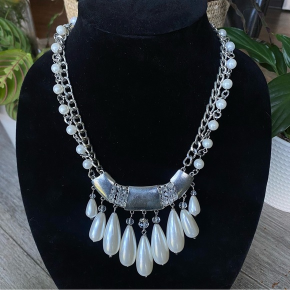 Silver Tone Cascading Faux Pearls Statement Necklace & Earring Set - Picture 2 of 6